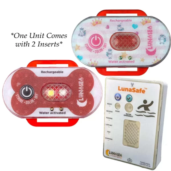 Lunasea Child-Pet Safety Water Activated Strobe Light w-RF Transmitter & Portable Audio-Visual Receiver - Red Case