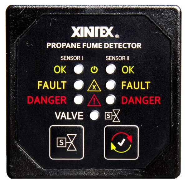 CW63845 Fireboy-Xintex Propane Fume Detector & Alarm w-2 Plastic Sensors & Solenoid Valve - Square Black Bezel Display