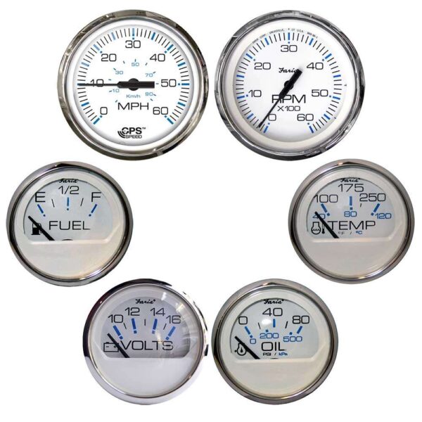 Faria Chesapeake White w-Stainless Steel Bezel Boxed Set of 6 - Speed, Tach, Fuel Level, Voltmeter, Water Temperature & Oil PSI - Inboard Motors