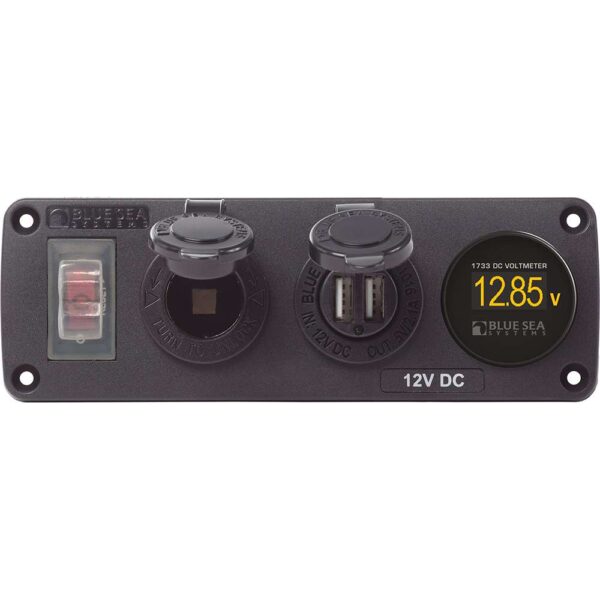 Blue Sea 4366 Water Resistant USB Accessory Panel - Circuit Breaker, 12V Socket, Dual USB Charger, Mini Voltmeter