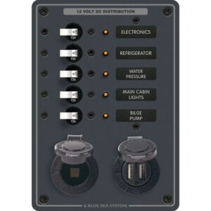 Blue Sea 8120 - 5 Position 12V Panel w-Dual USB & 12V Socket