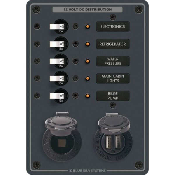 Blue Sea 8120 - 5 Position 12V Panel w-Dual USB & 12V Socket