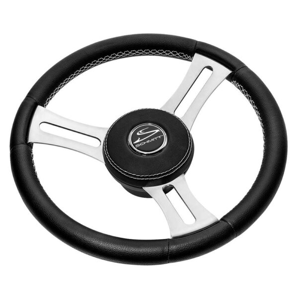 Schmitt Marine Torcello Elite 14" Wheel - Black Leather & Cap - White Stitching - Polished SS Spokes - 3-4" Tapered Shaft