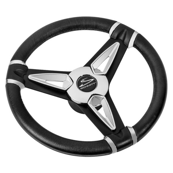 Schmitt Marine PU50 14" Wheel - Chrome Cap & Spoke Inserts - Black Spokes - 3-4" Tapered Shaft