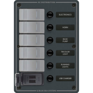 Blue Sea 8121 - 5 Position Contura Switch Panel w-Dual USB Chargers - 12-24V DC - Black