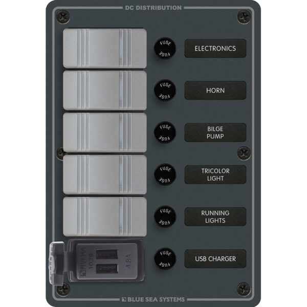 Blue Sea 8121 - 5 Position Contura Switch Panel w-Dual USB Chargers - 12-24V DC - Black