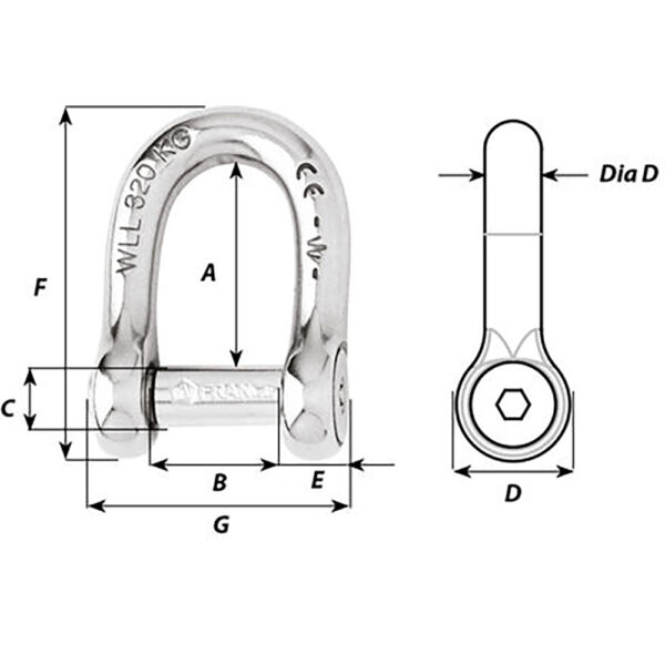 Wichard Self-Locking Allen Head Pin D Shackle - 6mm Diameter - 1-4" - Image 2
