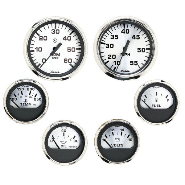 Faria Spun Silver Box Set of 6 Gauges f- Inboard Engines - Speed, Tach, Voltmeter, Fuel Level, Water Temperature & Oil