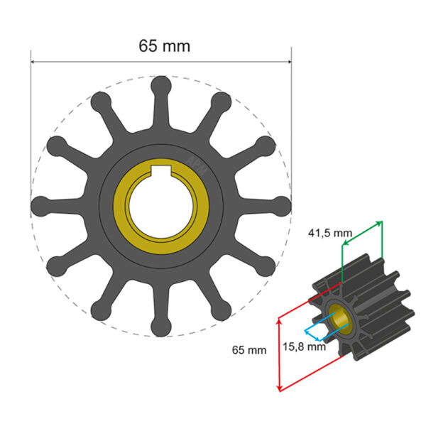 Albin Group Premium Impeller Kit 65 x 15.8 x 41.5mm - 12 Blade - Key Insert - Image 2