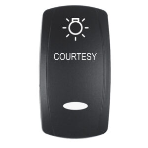 Pacer Actuator - 'COURTESY' f-V Series Contura Switches - Black - Laser Etched (Top-Bottom Light)