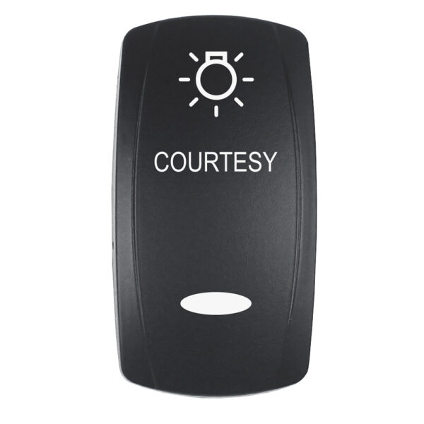 Pacer Actuator - 'COURTESY' f-V Series Contura Switches - Black - Laser Etched (Top-Bottom Light)